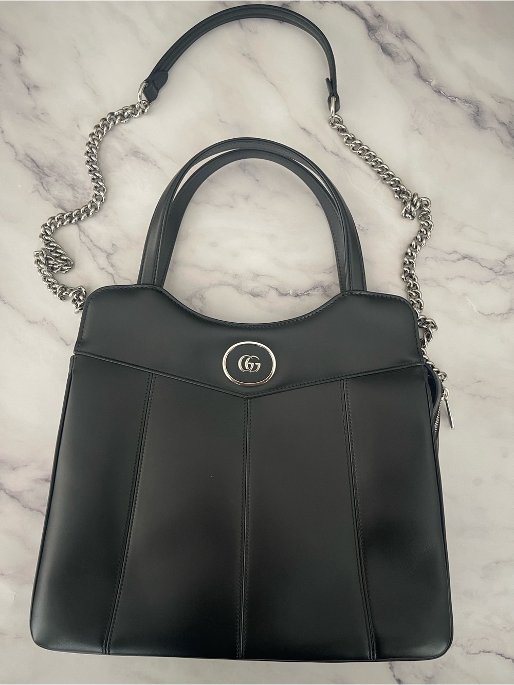 $3,895 NEW Gucci Black Leather GG Top-Handle Shoulder Bag Chain strap silver GG